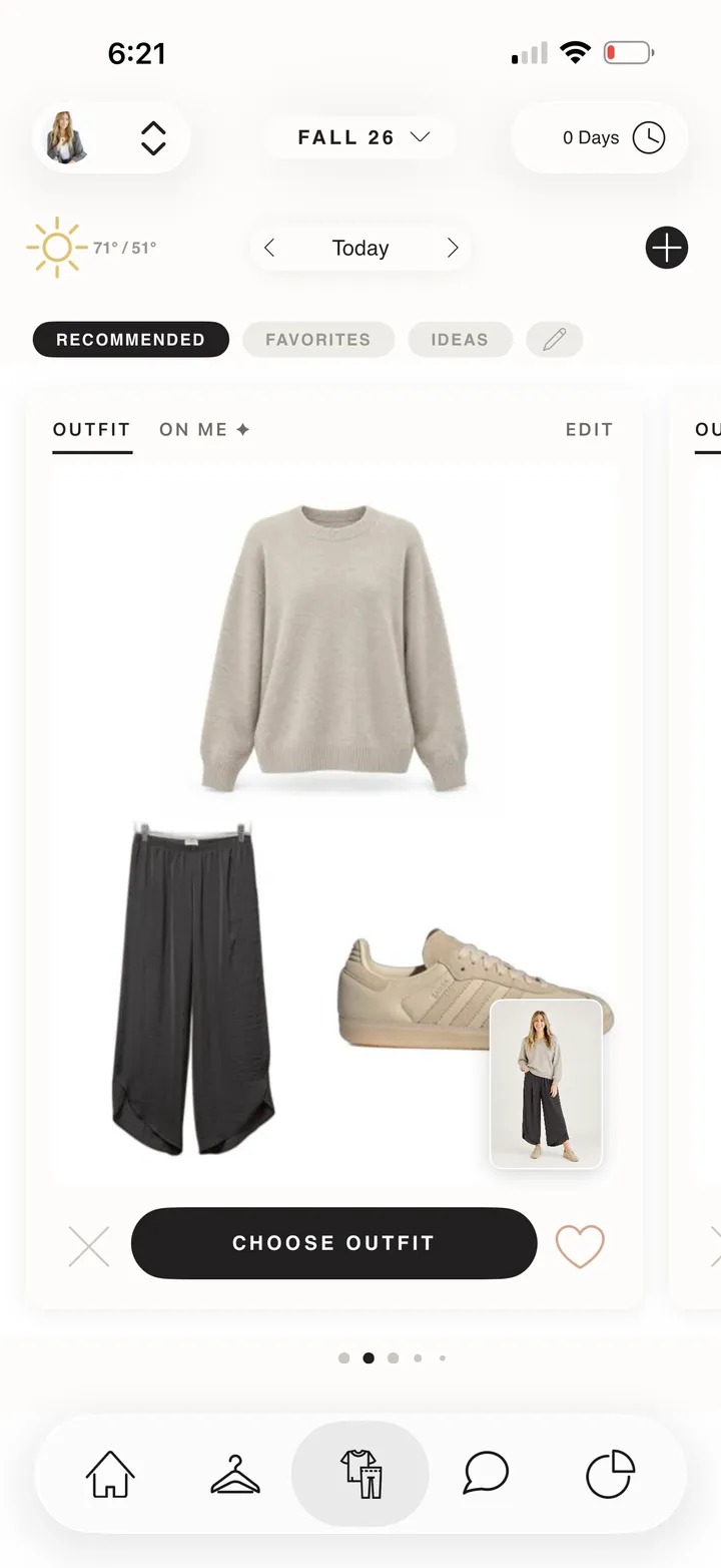 Cladwell app showing today's outfit, weather, and wardrobe navigation