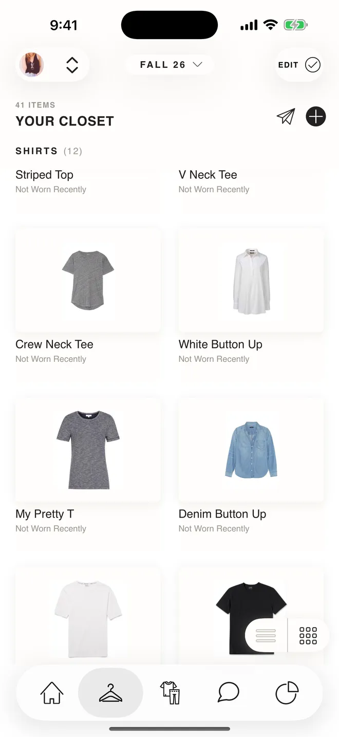 Cladwell closet with photographed clothes organized in a grid.