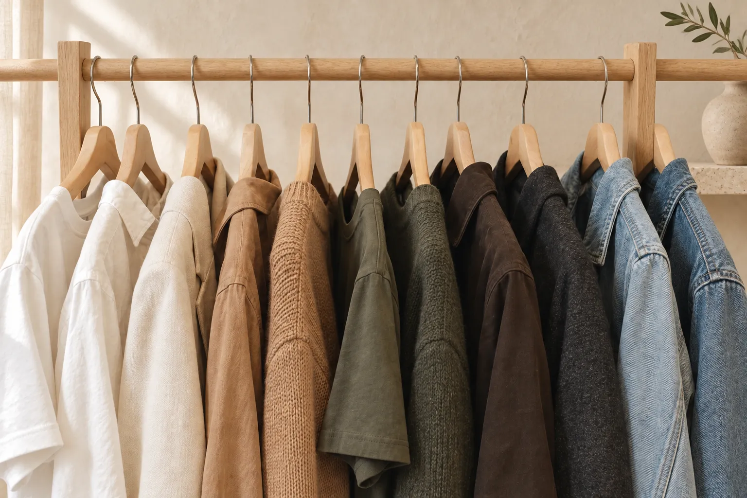 A natural oak clothing rack against a warm plaster wall, holding coordinated off-white, camel, olive, dark and denim capsule pieces