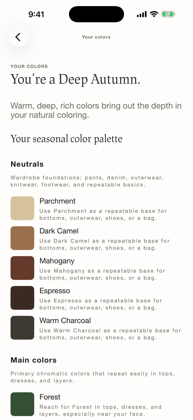Cladwell's Deep Autumn result showing a seasonal palette and suggestions for wearing each color