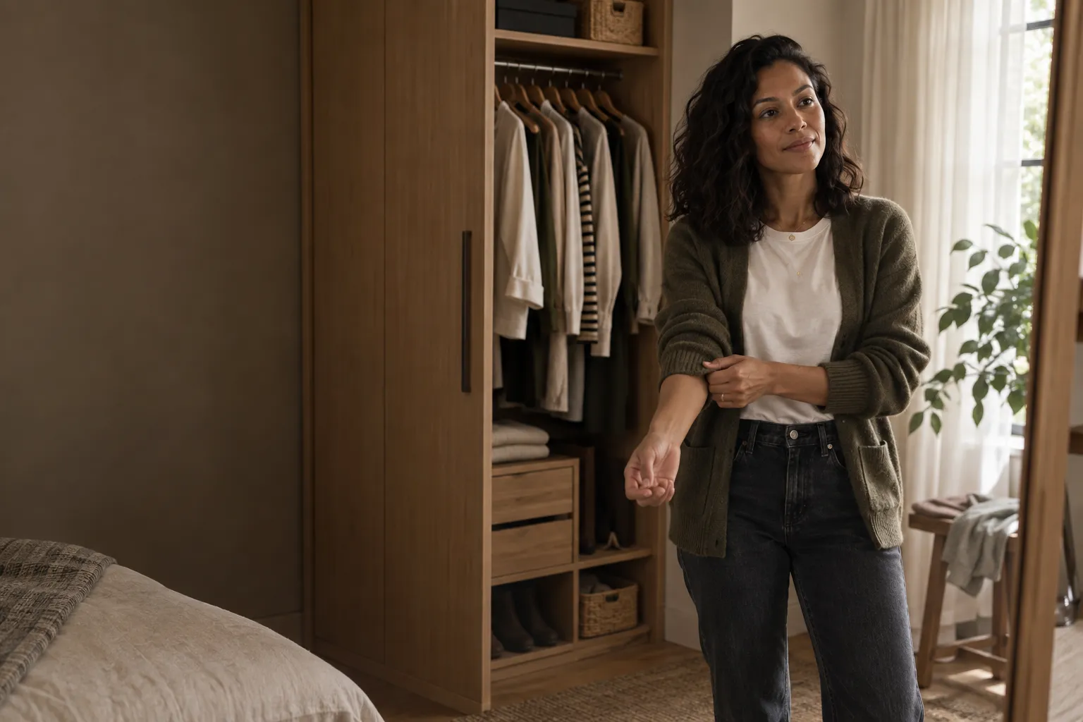 A woman adjusting her olive cardigan before heading out, beside her own wardrobe