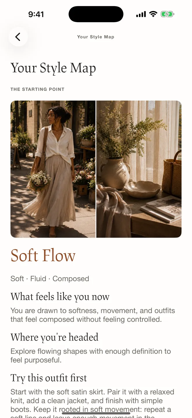 Cladwell Style Map showing Soft Flow and a personal style direction.