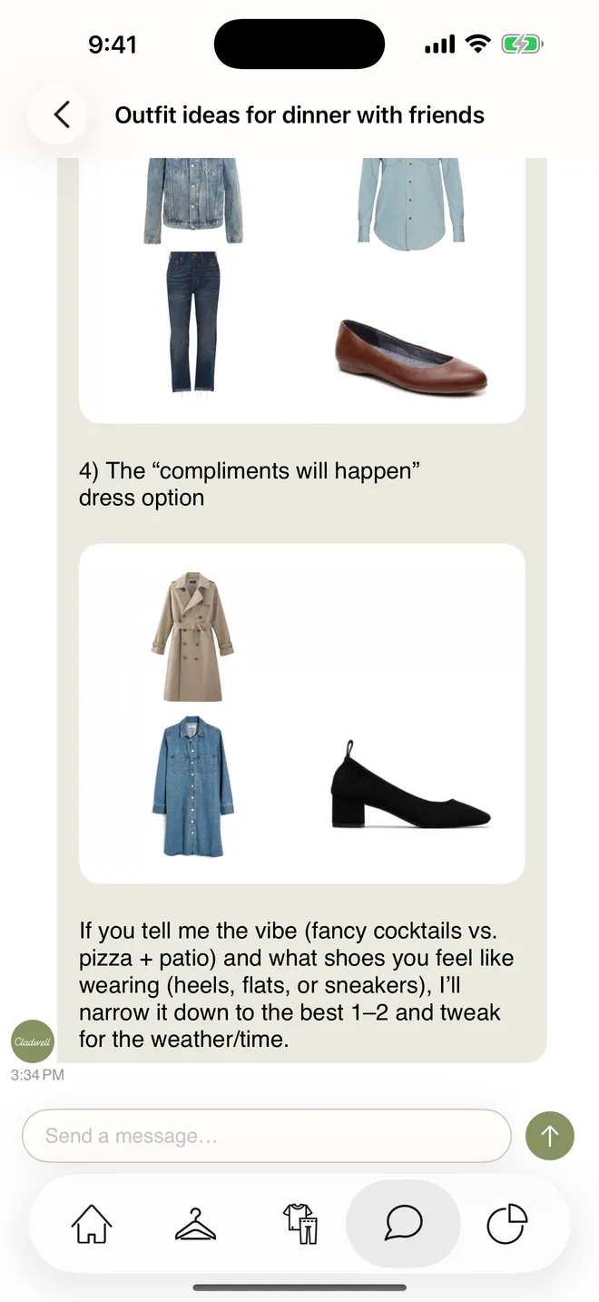 Cladwell stylist chat suggesting outfits for dinner with friends.