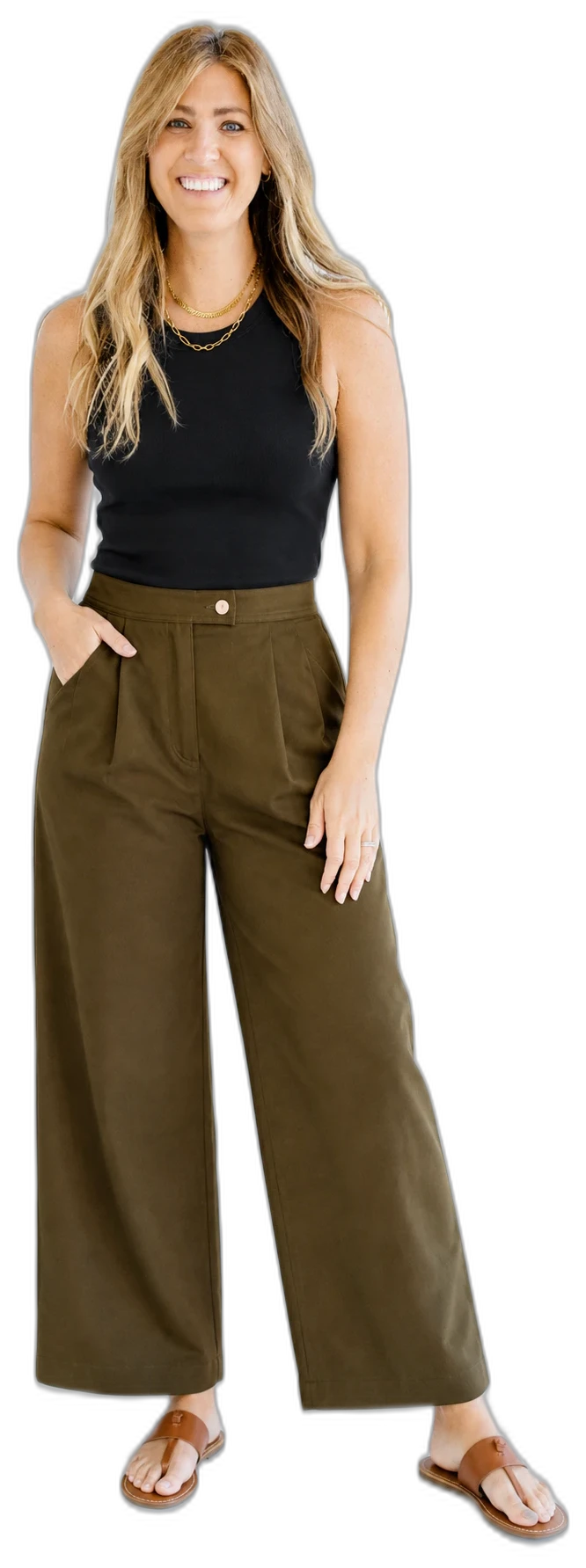 The same outfit worn: black high-neck tank, olive wide-leg trousers, and tan sandals